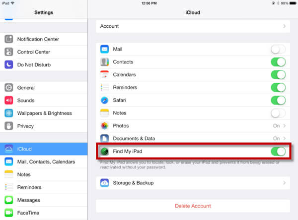 Turn off Find iPad