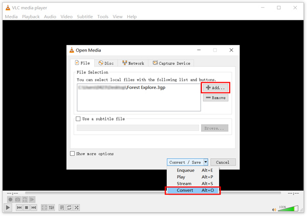 Add 3gp to Vlc Choose Convert