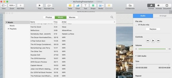 Add music to slideshow in keynote