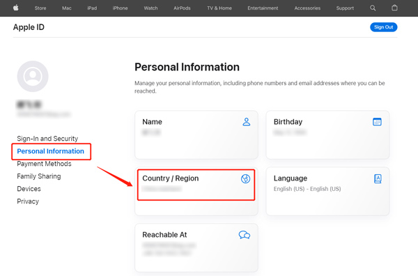 Apple ID 个人信息国家地区