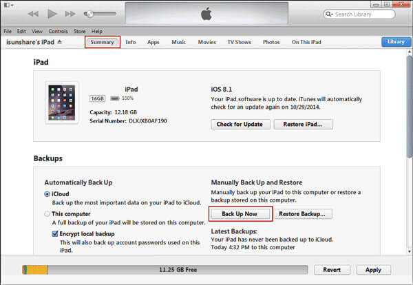 Backup iPad via iTunes