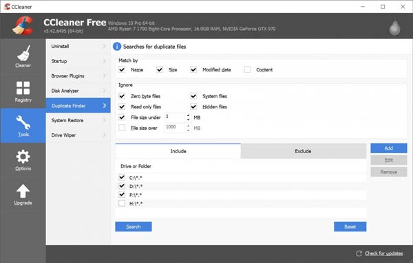 CCleaner Search Duplicate Files