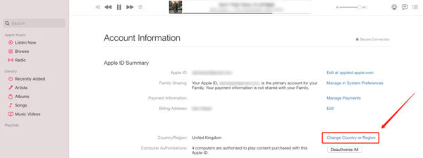 在 Mac 上的 Apple Music 中更改国家/地区