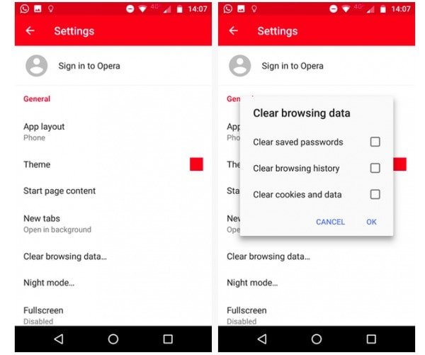 clear opera history on android phone