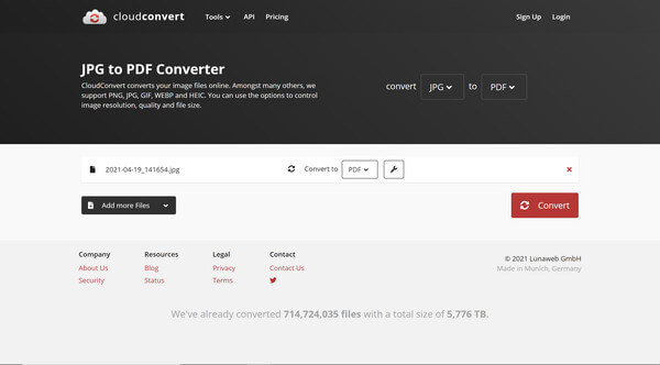 Convert JPEG to PDF on Cloudconvert