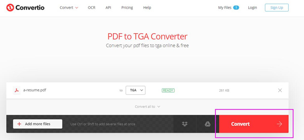 Convertio PDF to TGA Convert Button