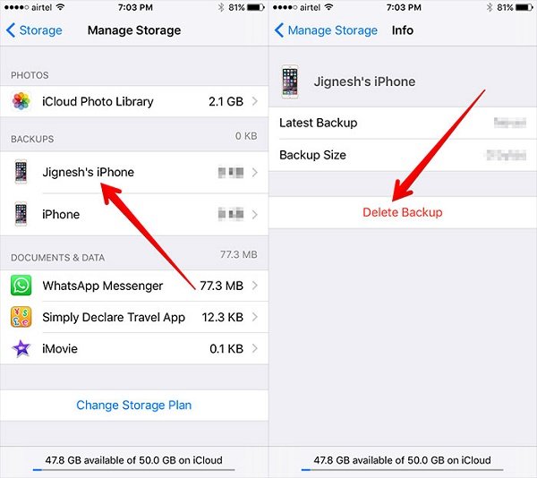 delete older icloud backups from iphone