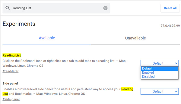 Disable Reading List on Chrome