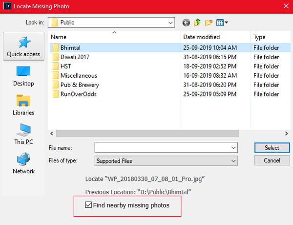 Lightroom won't find nearby missing photos