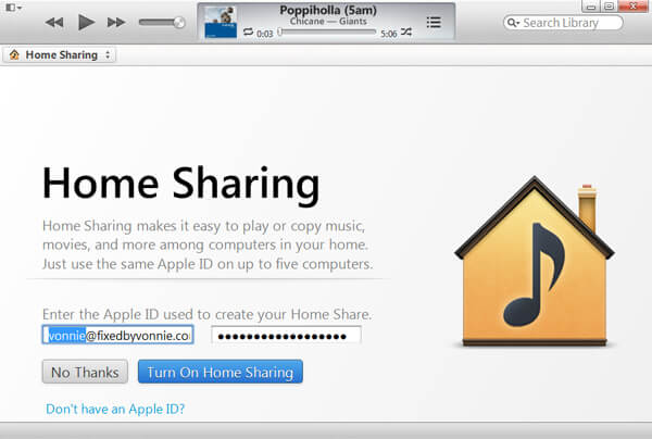 Log in iTunes Home Sharing