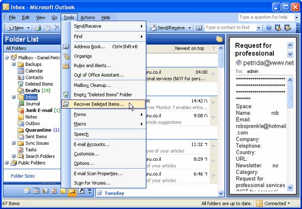 outlook 2007 recover deleted items from server