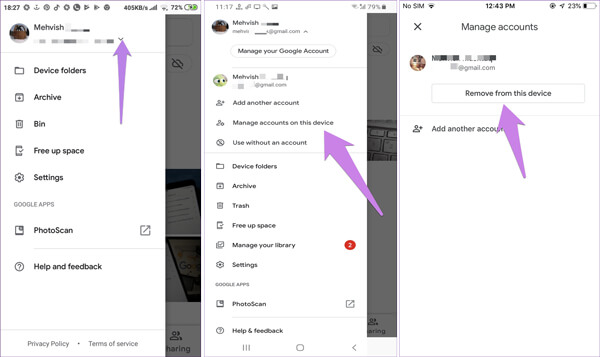 Remove google photos account from app