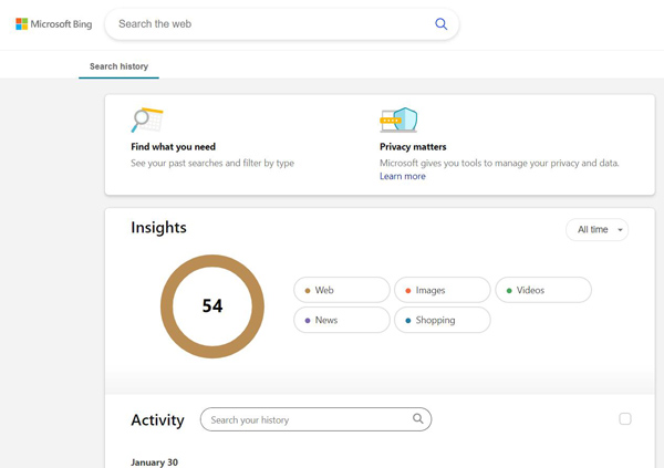 Search History in Bing Account