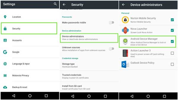 Security Device Administrator Settings