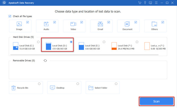 Select File Types And Location Apeaksoft