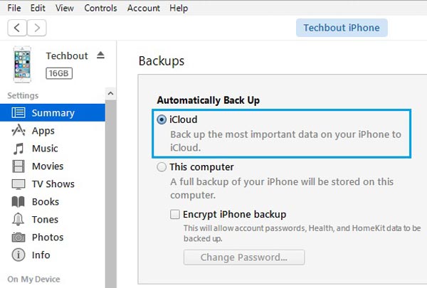 Select iCloud Backup Options on iTtunes