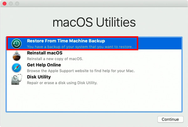 选择从Time Machine备份还原Mac