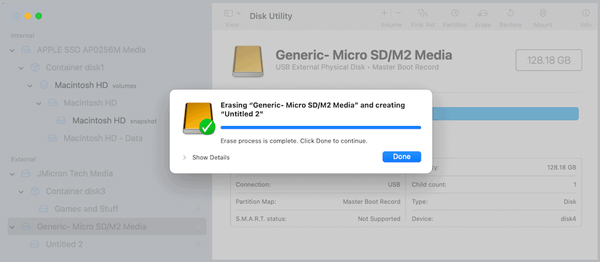 在 Mac 上开始擦除 SD 卡