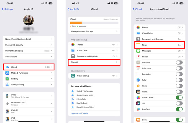 Turn on notes in iCloud on iPhone