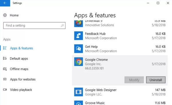 Uninstall Google Chrome on Windows 10