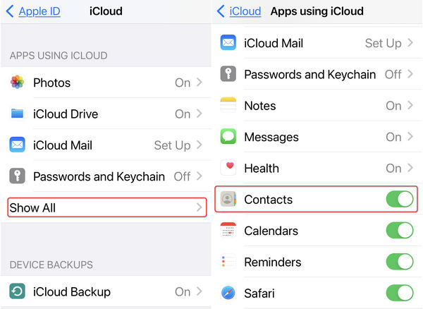 Turn on Contacts iCloud Backup