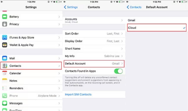 iCloud Contacts Default Account