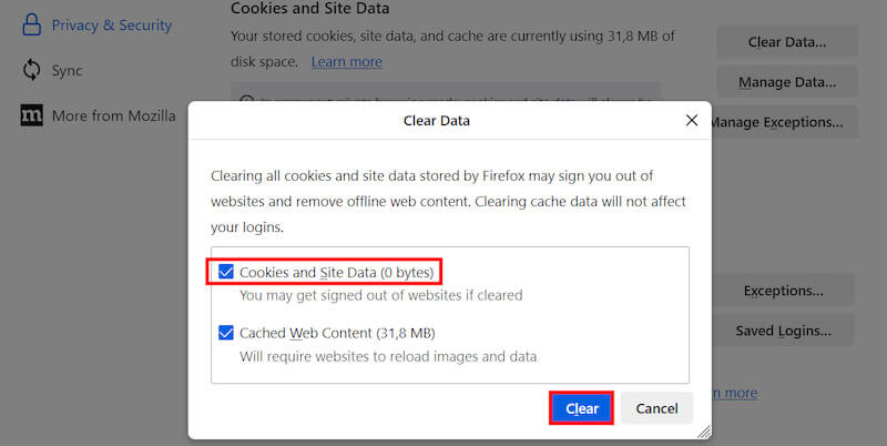 Clear Firefox Cookies