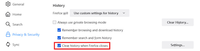 Clear History When Firefox Closes