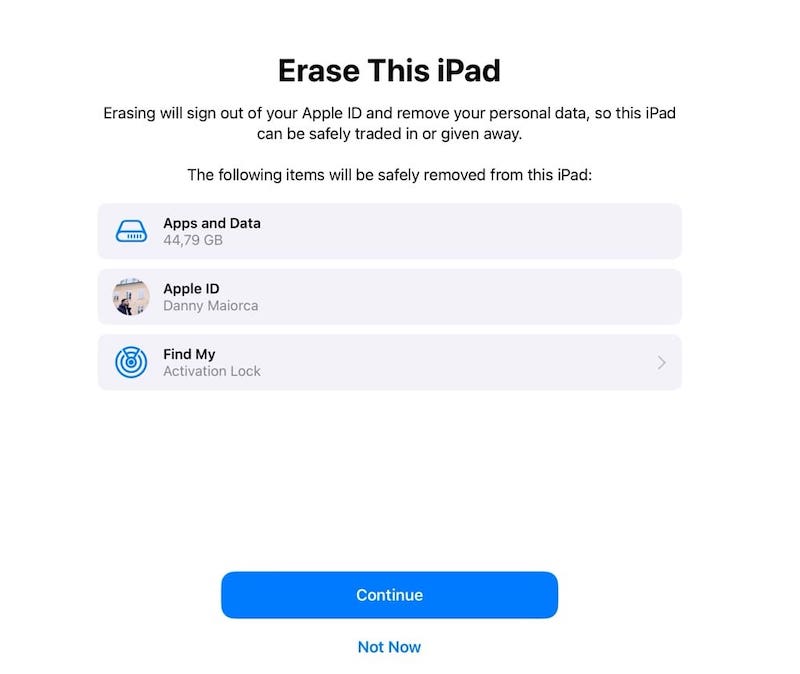 Continue Erase This iPad